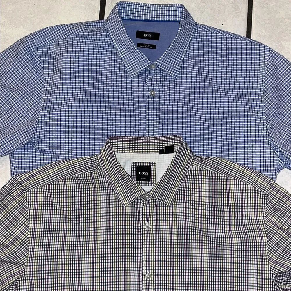 2-Hugo Boss Blue & Multi Color Check Plaid SS shirt Cotton Lyocell Slim Fit XL